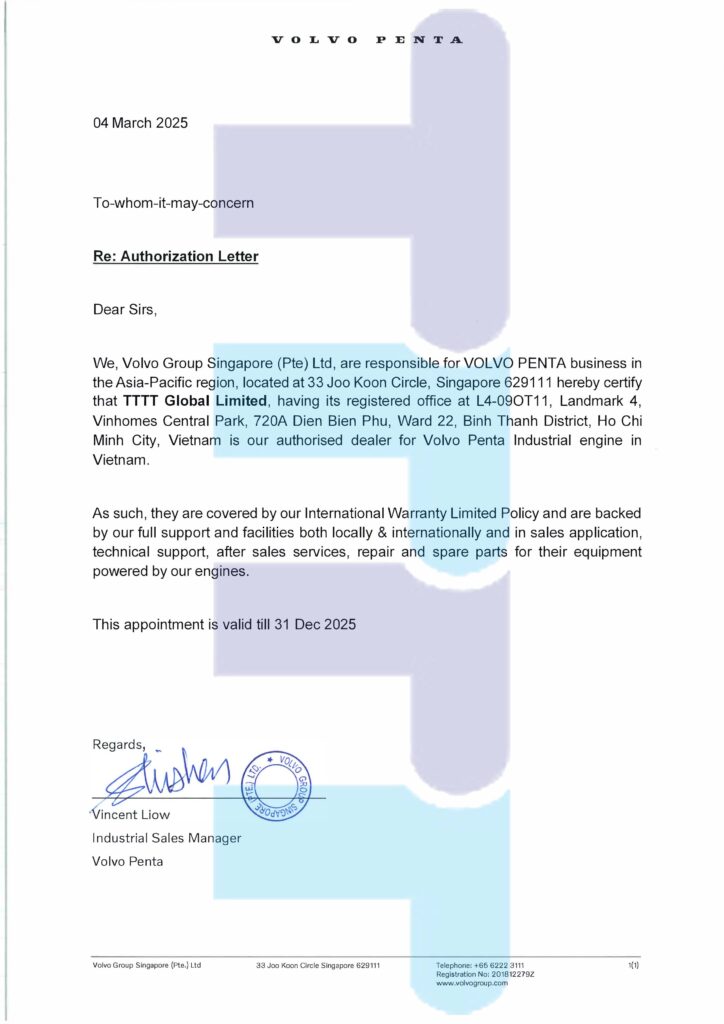 MÁY PHÁT ĐIỆN VOLVO - THỤY ĐIỂN Chứng nhận chỉ định địa lý ủy quyền chính thức máy phát điện Volvo Penta Việt Nam